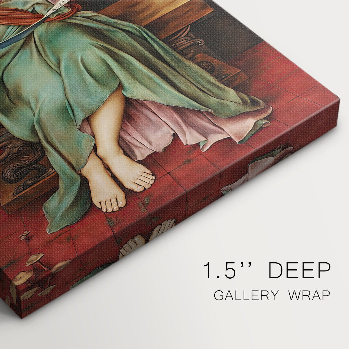 Close-up of a gallery-wrapped canvas corner showing a moody scene with symbolic elements and enclosed setting, highlighting texture and print detail.
