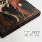 Close-up of a gallery-wrapped canvas corner showing a contemplative portrait with earthy tones and dramatic light, highlighting texture and print detail.