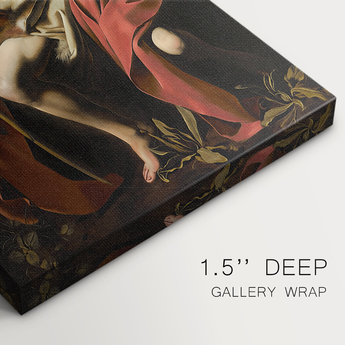 Close-up of a gallery-wrapped canvas corner showing a contemplative portrait with earthy tones and dramatic light, highlighting texture and print detail.