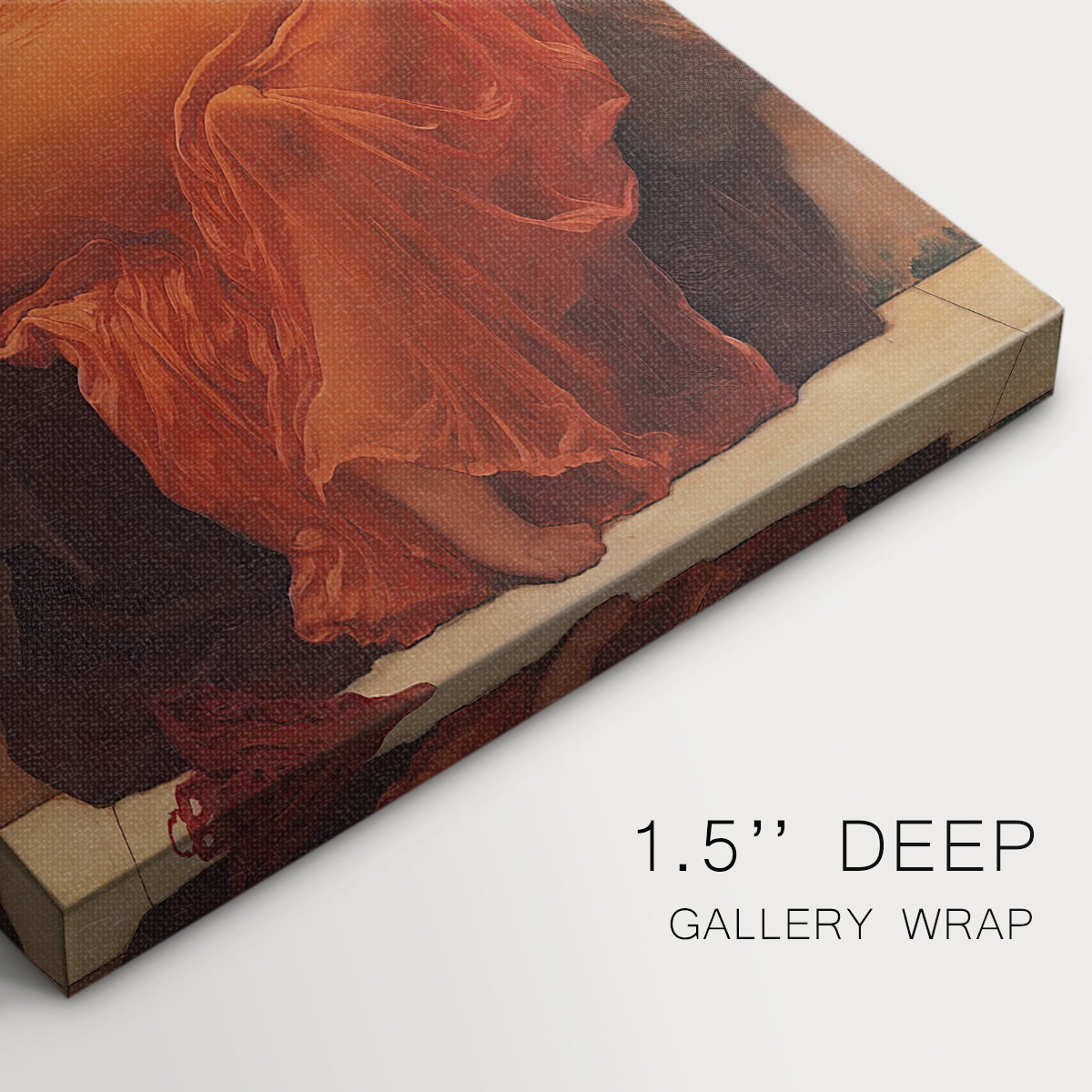 Close-up of a gallery-wrapped canvas corner showing a luminous portrait with bold color and curved forms, highlighting texture and print detail.