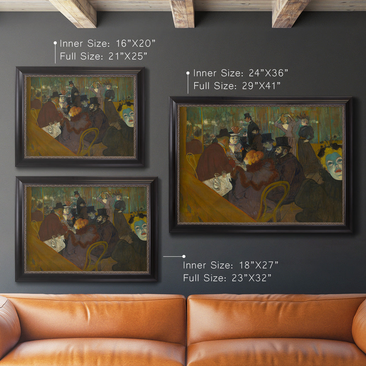 Impressionist cabaret interior scene by Henri de Toulouse-Lautrec in an ornate black frame with gilded inner detail shown in multiple size options.