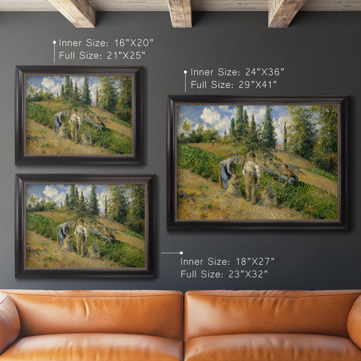 Impressionist countryside harvest scene by Camille Pissarro in an ornate black frame with gilded inner detail shown in multiple size options.
