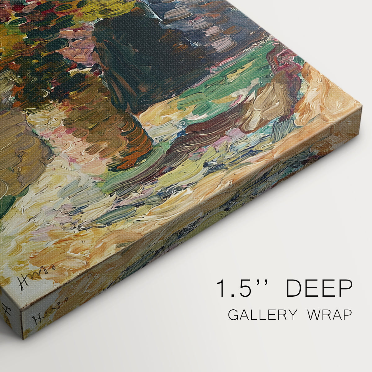 Close-up of a gallery-wrapped canvas corner showing a stylized still life with expressive texture, highlighting texture and print detail.