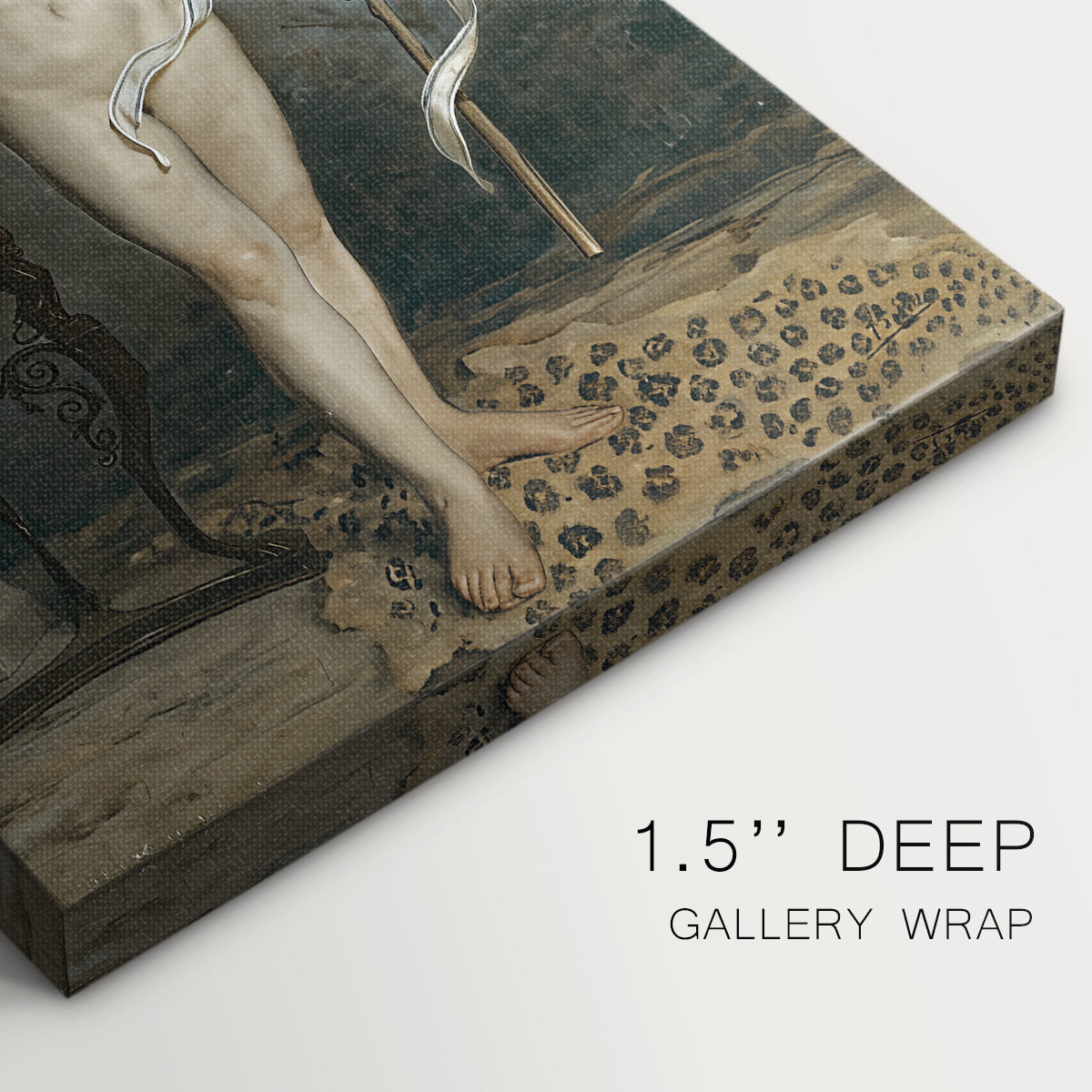 Close-up of a gallery-wrapped canvas corner showing a gentle portrayal with smooth texture, highlighting texture and print detail.