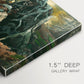Canvas art print of a figure seated near fire in forest clearing surrounded by trees, highlighting texture and gallery-wrapped edges