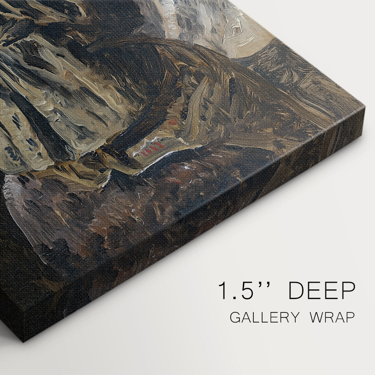 Close-up of a gallery-wrapped canvas corner showing a traditional interior with gentle lighting, highlighting texture and print detail.