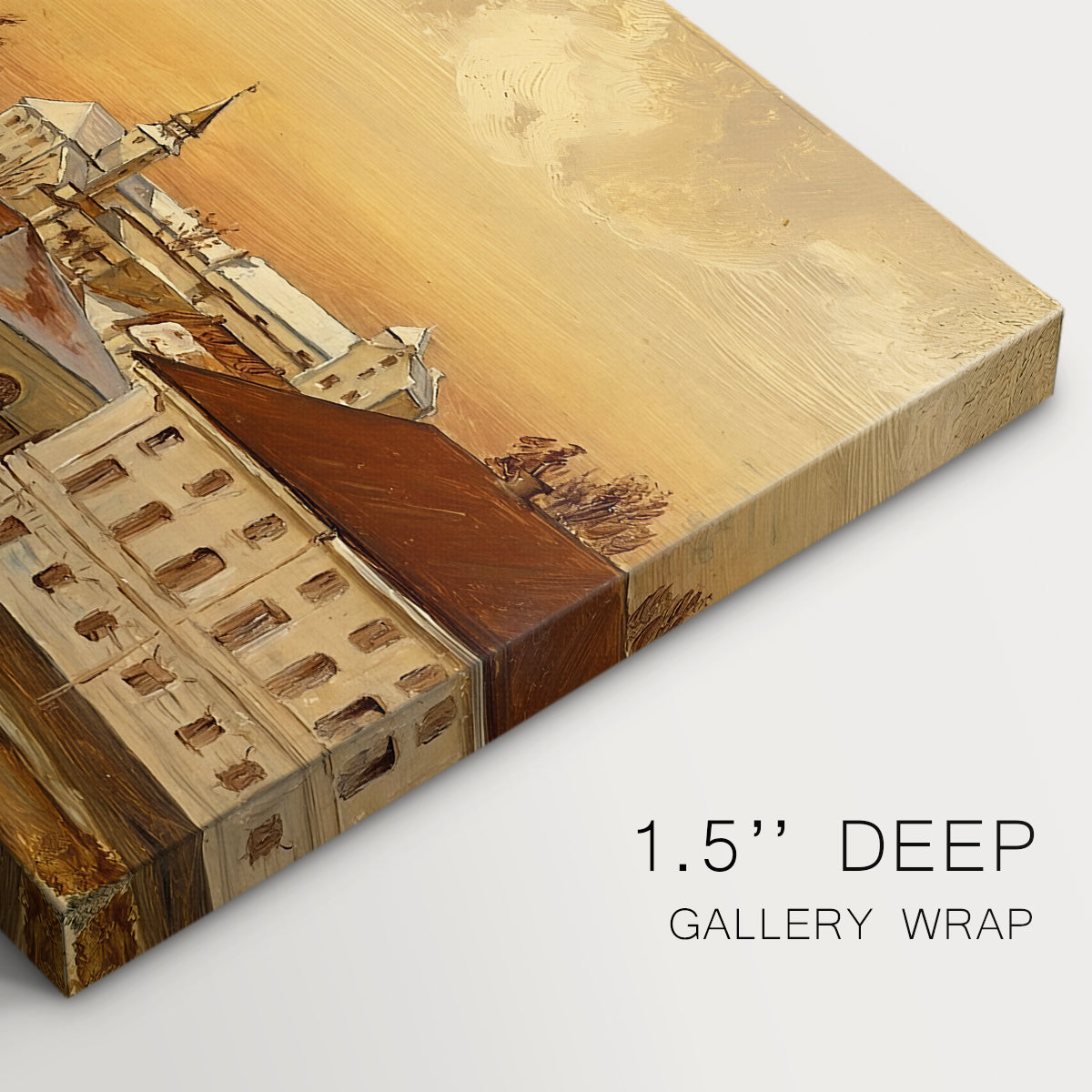 Canvas art print of a historic castle courtyard with riders and buildings in structured setting, highlighting texture and gallery-wrapped edges