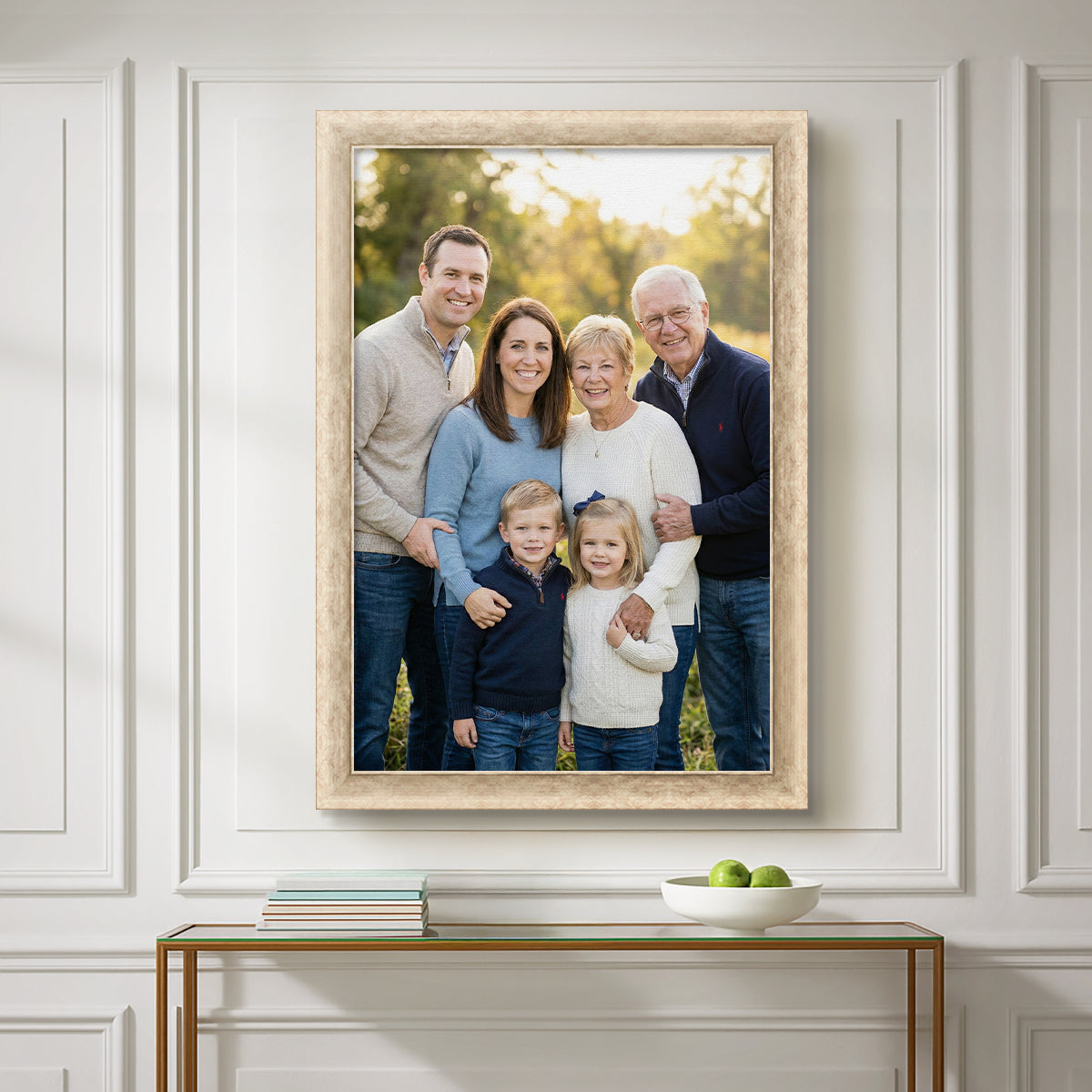 Custom canvas framing service 7389 Mahogany wood frame with Gold accent