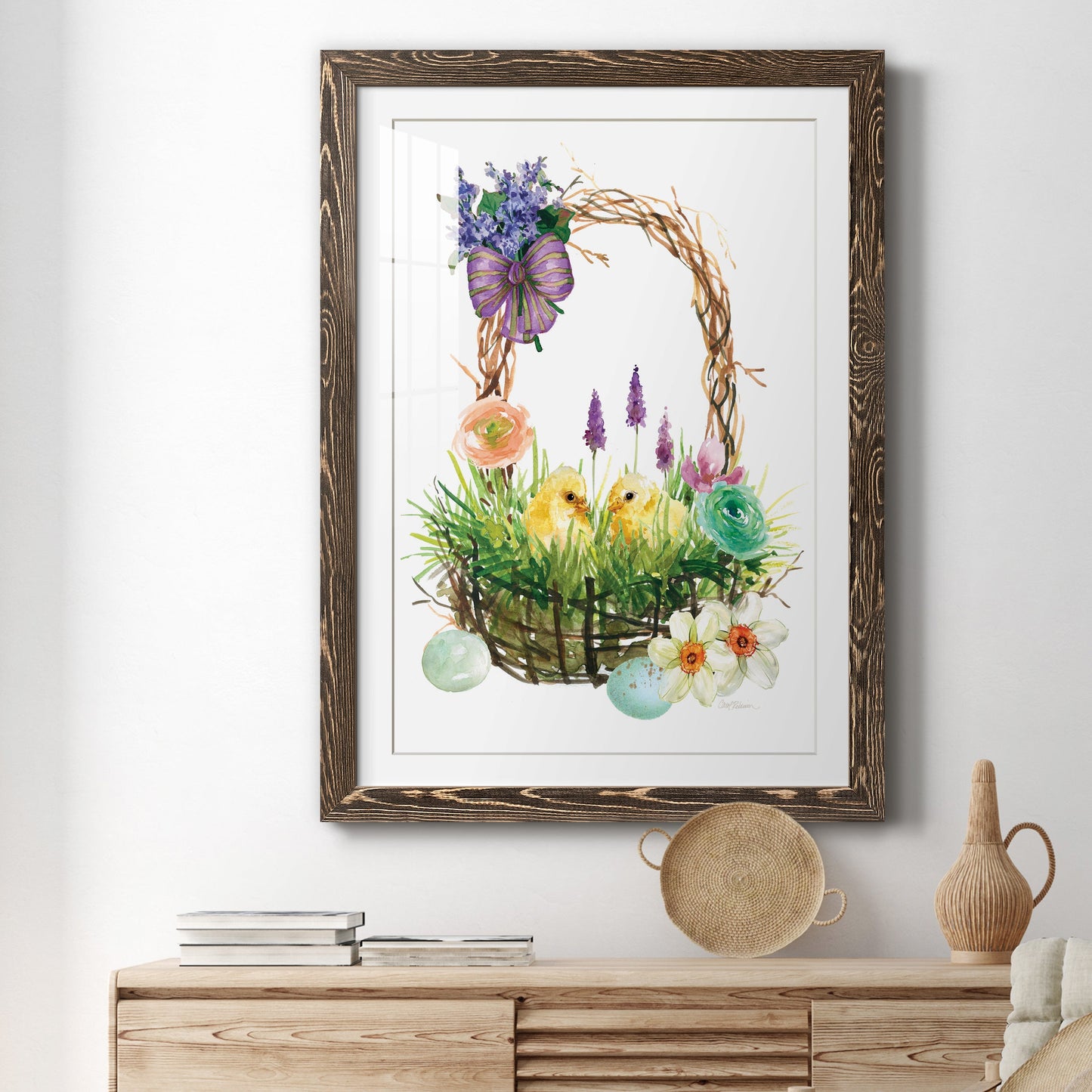 Spring Chick Basket - Premium Framed Print - Distressed Barnwood Frame - Ready to Hang