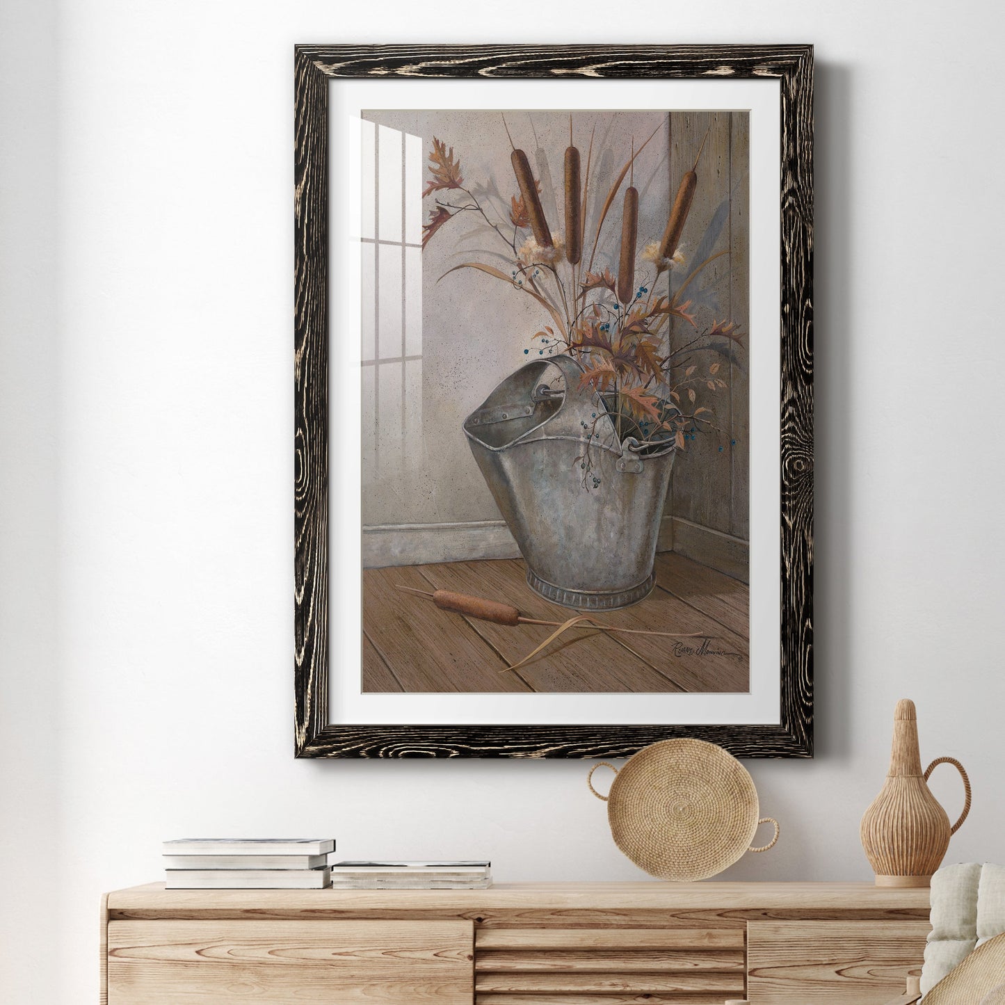 Berries & Cat Tails - Premium Framed Print - Distressed Barnwood Frame - Ready to Hang