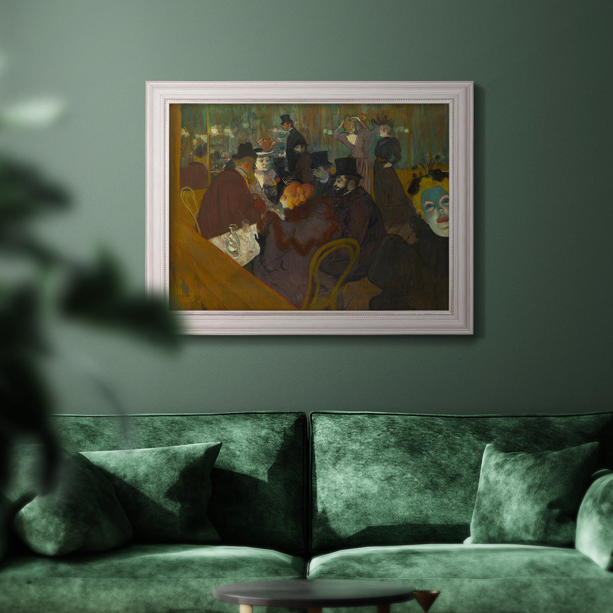 Impressionist cabaret interior scene by Henri de Toulouse-Lautrec in an ornate weathered white frame displayed in a dark-toned interior setting.