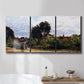 Three-panel canvas wall art featuring garden corner with flowering trees, displayed in a bathroom above a bathtub.