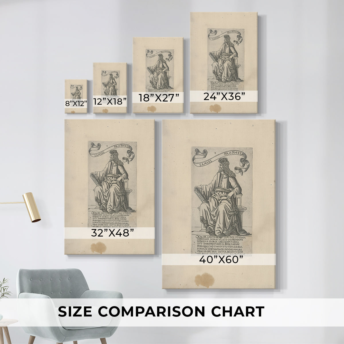 Size comparison chart for canvas art prints, showing multiple size options.