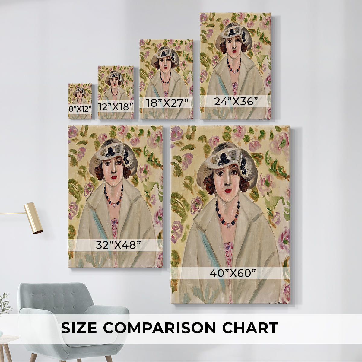 Size comparison chart for canvas art prints, showing multiple size options.