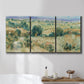 Three-panel canvas wall art featuring lavender sky over quiet landscape, displayed in a bathroom above a bathtub.