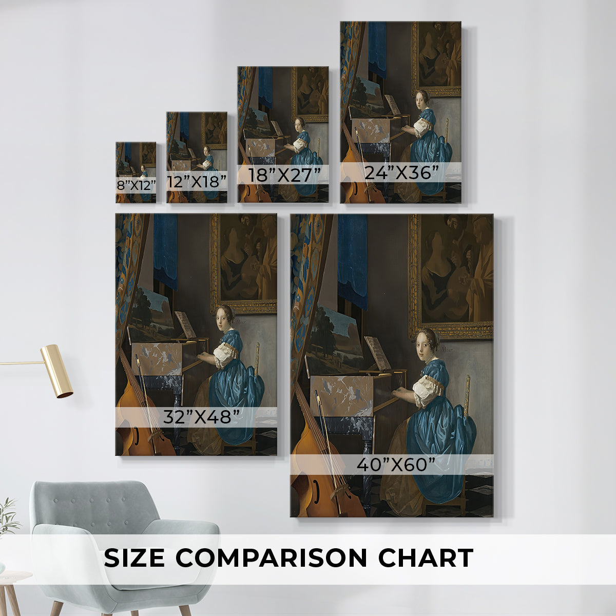 Size comparison chart for canvas art prints, showing multiple size options.