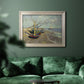 Impressionist coastal fishing boats scene by Vincent van Gogh in an ornate champagne frame displayed in a dark-toned interior setting.
