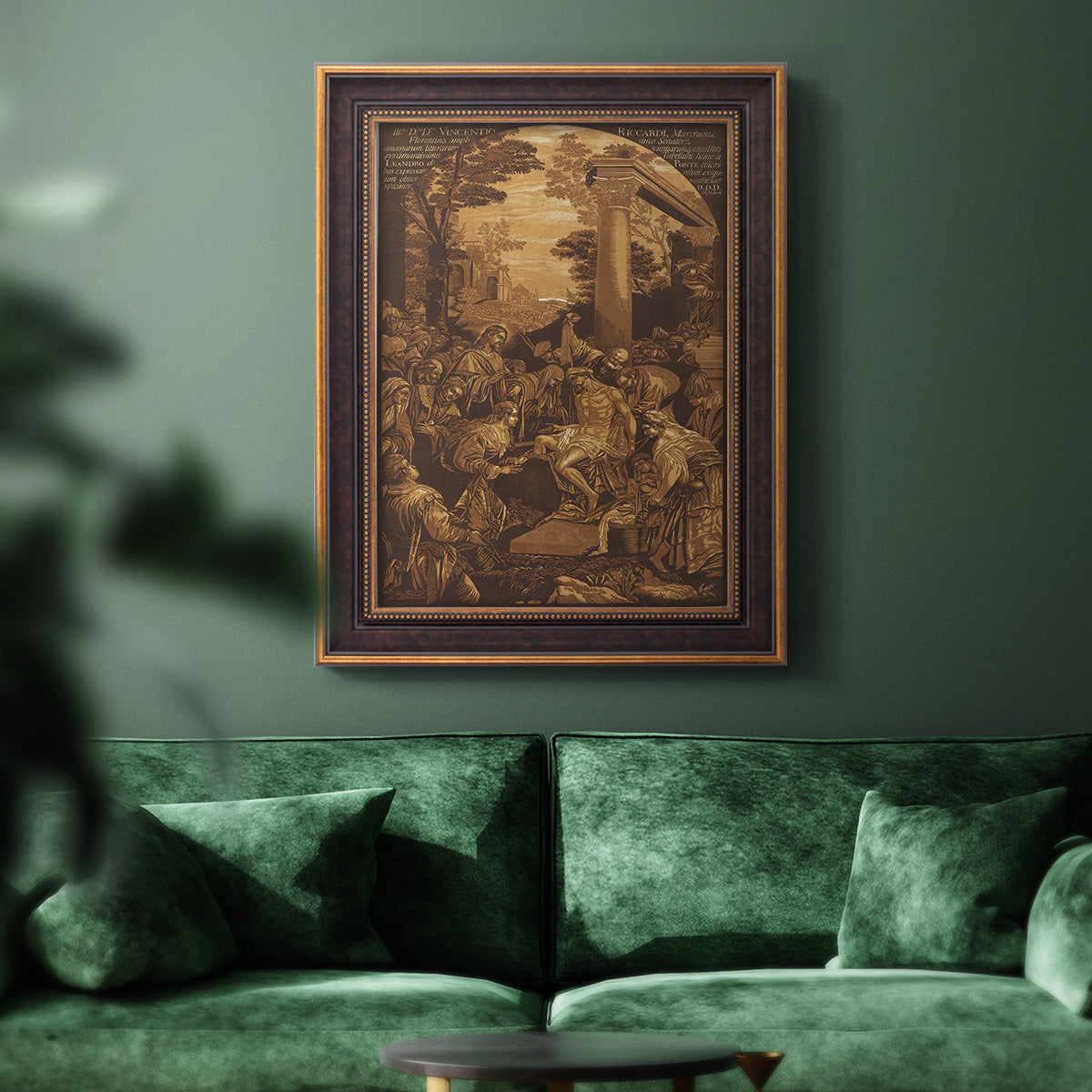 Monochrome religious painting of the raising of Lazarus by Leandro Bassano in an ornate bronzed mahogany wood frame displayed in a dark-toned interior setting.