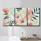 Three-panel canvas wall art featuring layered tropical plant collage, displayed in a bathroom above a bathtub.