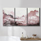 Three-panel canvas wall art featuring soft pink abstract scenic layers, displayed in a bathroom above a bathtub.