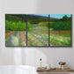 Three-panel canvas wall art featuring fresh spring meadow landscape, displayed in a bathroom above a bathtub.