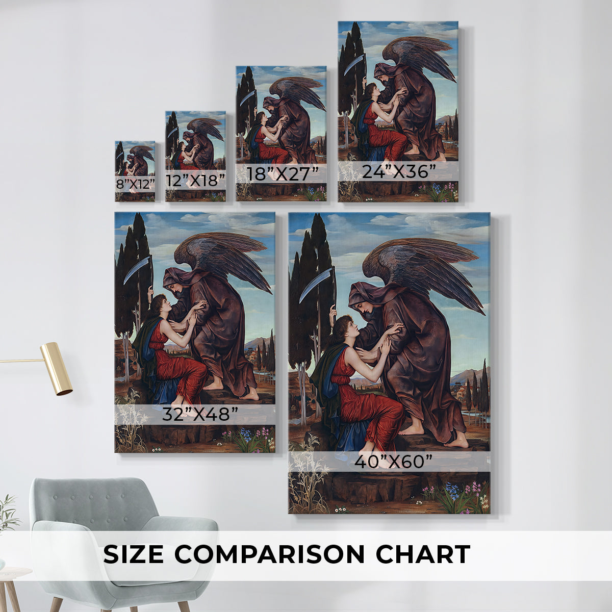 Size comparison chart for canvas art prints, showing multiple size options.