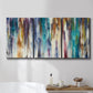 Three-panel canvas wall art featuring abstract shifting color forms, displayed in a bathroom above a bathtub.