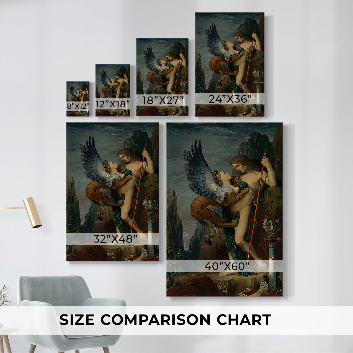 Size comparison chart for canvas art prints, showing multiple size options.