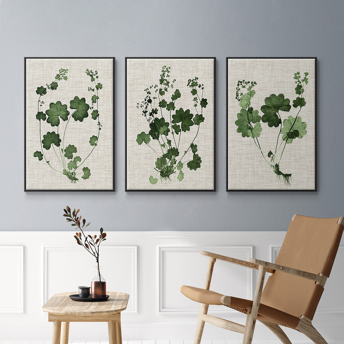 Forest Foliage on Linen I - Framed Premium Gallery Wrapped Canvas L Frame 3 Piece Set - Ready to Hang