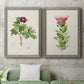 Set of two gray barnwood framed canvas prints depicting a coordinated art pair of pink flowering plant specimens rendered as vintage botanical plate illustrations above a sofa in a modern living room.