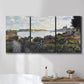 Three-panel canvas wall art featuring river with boats and shoreline, displayed in a bathroom above a bathtub.