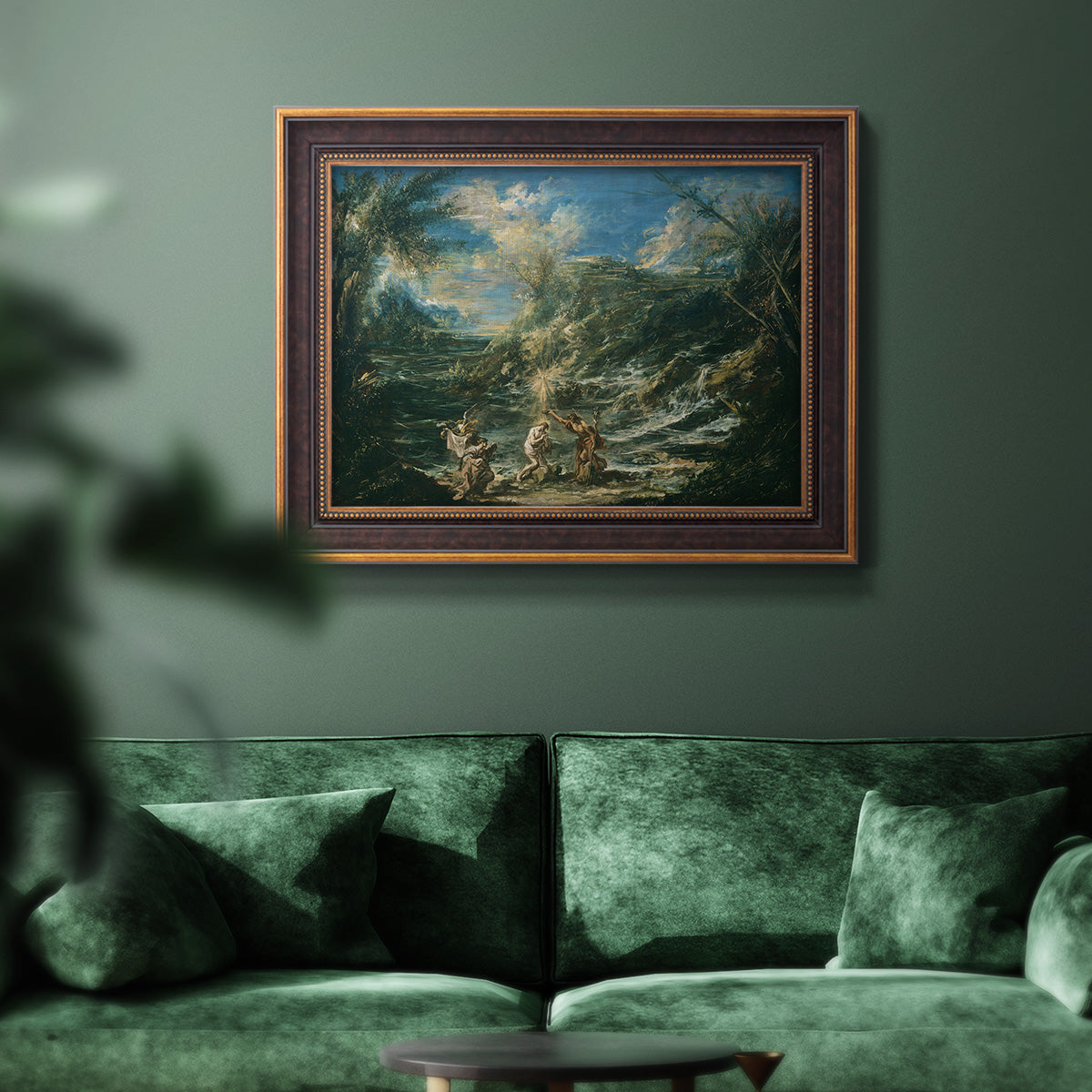 Religious landscape depicting the baptism of Christ by Alessandro Magnasco in an ornate bronzed mahogany wood frame displayed in a dark-toned interior setting.