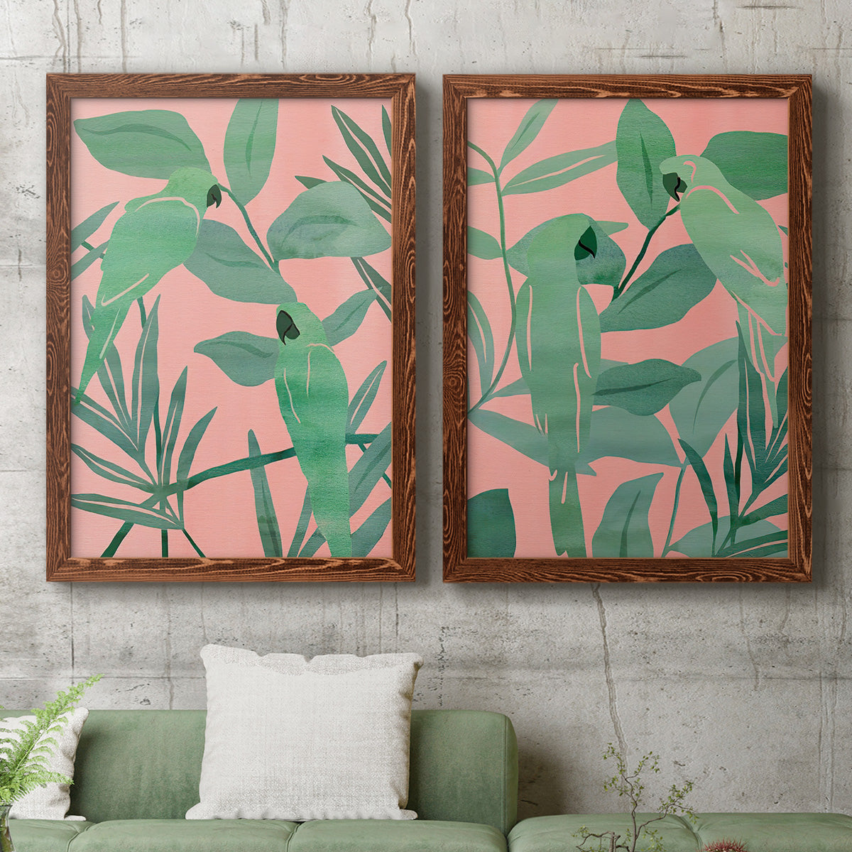 Pink and Green Birds of Paradise I - Premium Framed Canvas 2 Piece Set - Ready to Hang