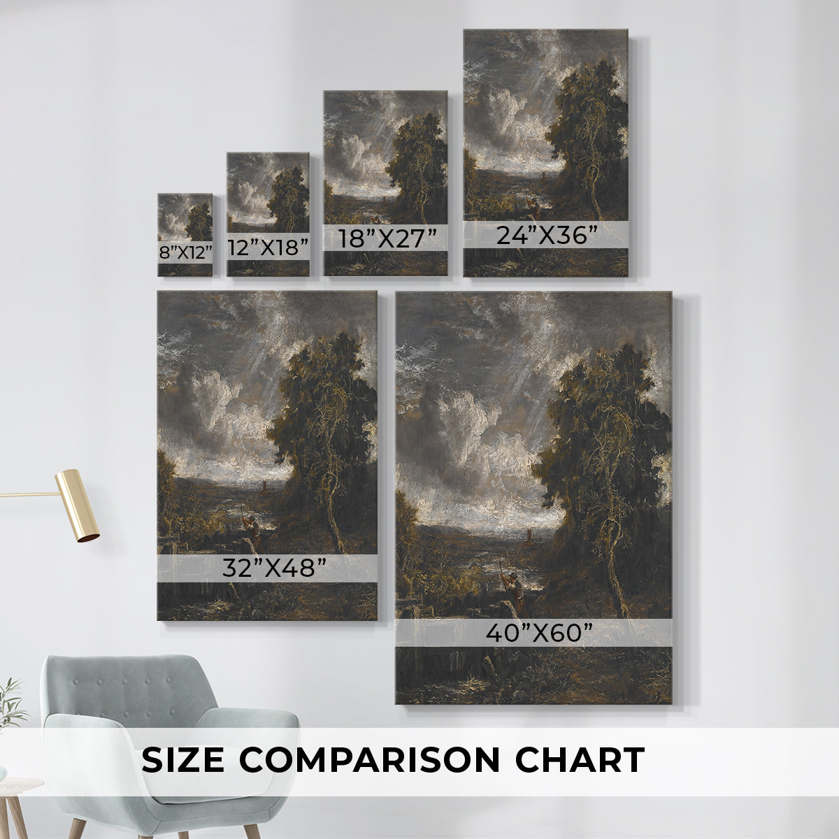 Size comparison chart for canvas art prints, showing multiple size options.