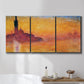 Three-panel canvas wall art featuring venetian church at twilight, displayed in a bathroom above a bathtub.