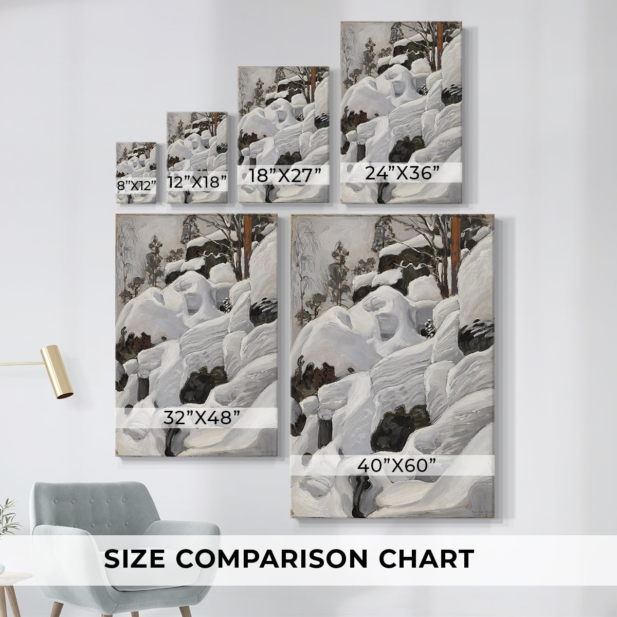 Size comparison chart for canvas art prints, showing multiple size options.