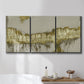 Three-panel canvas wall art featuring gold accented abstract ravine, displayed in a bathroom above a bathtub.
