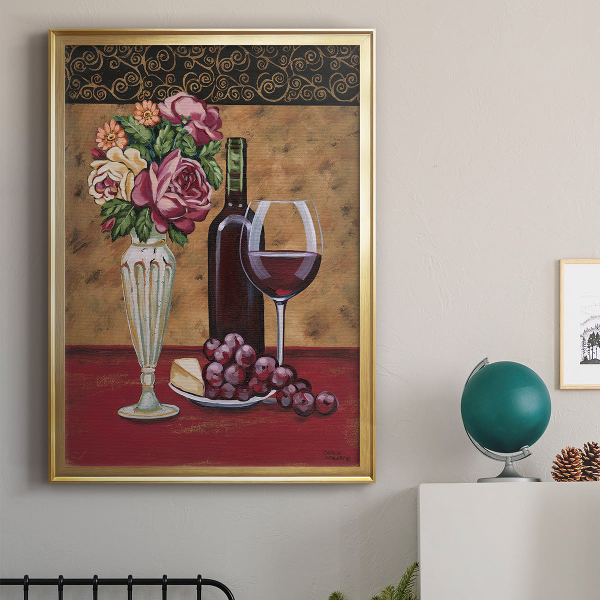 Vintage Flowers and Wine I - Modern Framed Canvas Print