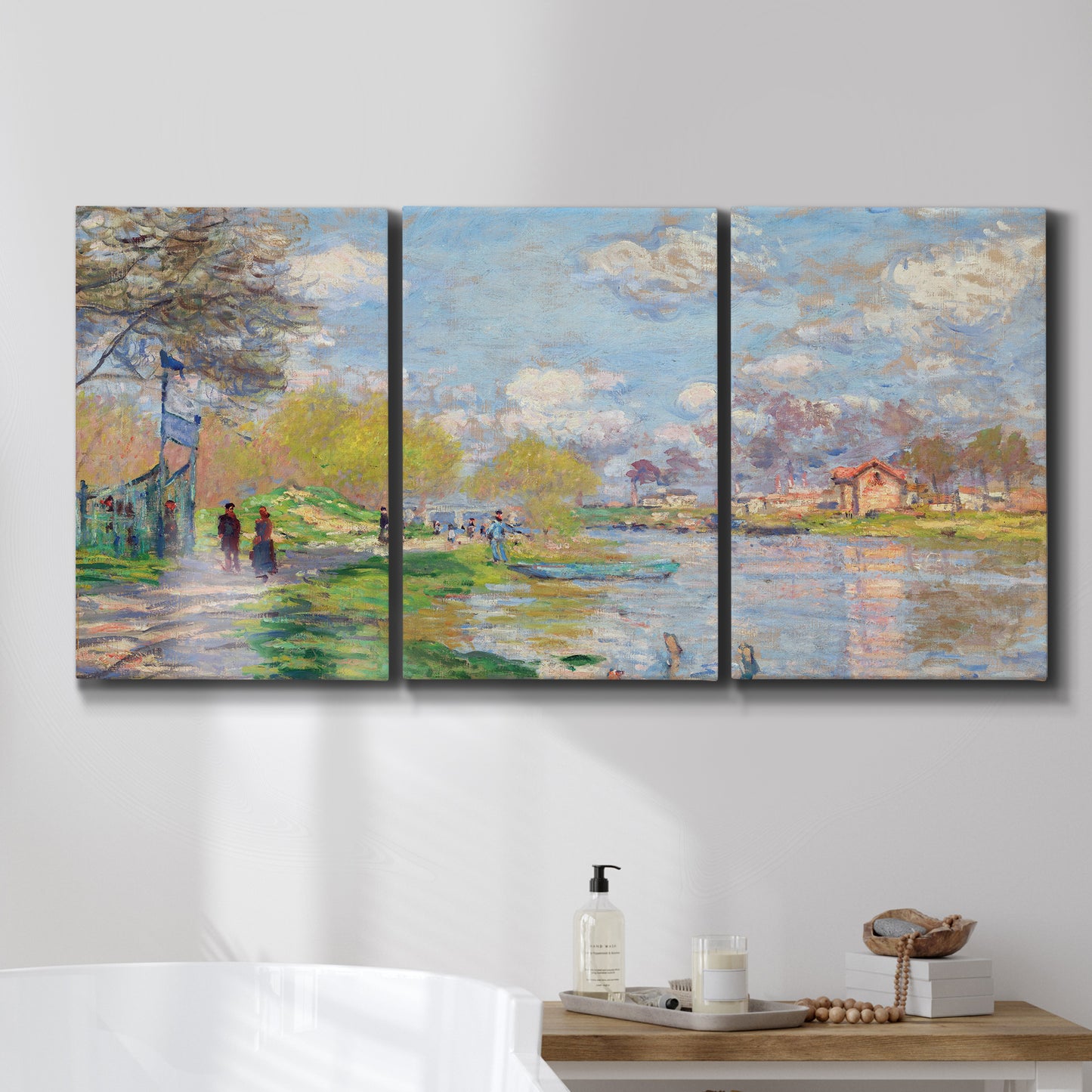 Three-panel canvas wall art featuring formal city park with trees, displayed in a bathroom above a bathtub.