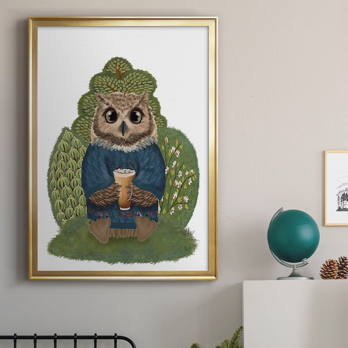 Latte Owl in Sweater - Modern Framed Canvas Print