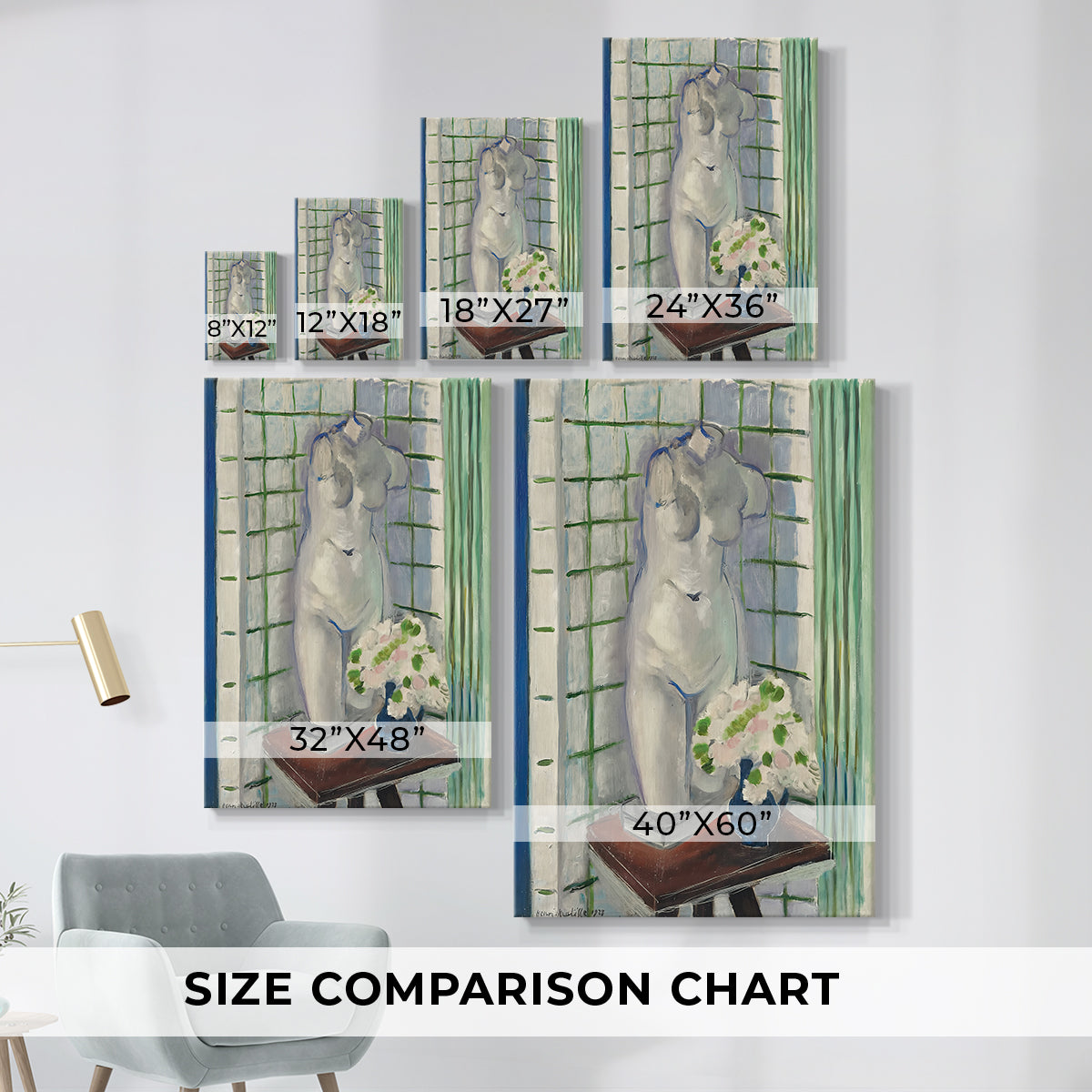Size comparison chart for canvas art prints, showing multiple size options.