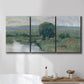 Three-panel canvas wall art featuring riverbank landscape with reflections, displayed in a bathroom above a bathtub.