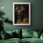 Surreal allegorical portrait representing the four seasons by Giuseppe Arcimboldo in an ornate weathered white frame displayed in a dark-toned interior setting.