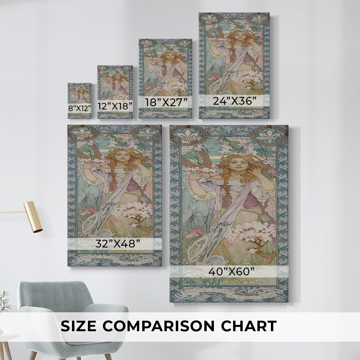 Size comparison chart for canvas art prints, showing multiple size options.