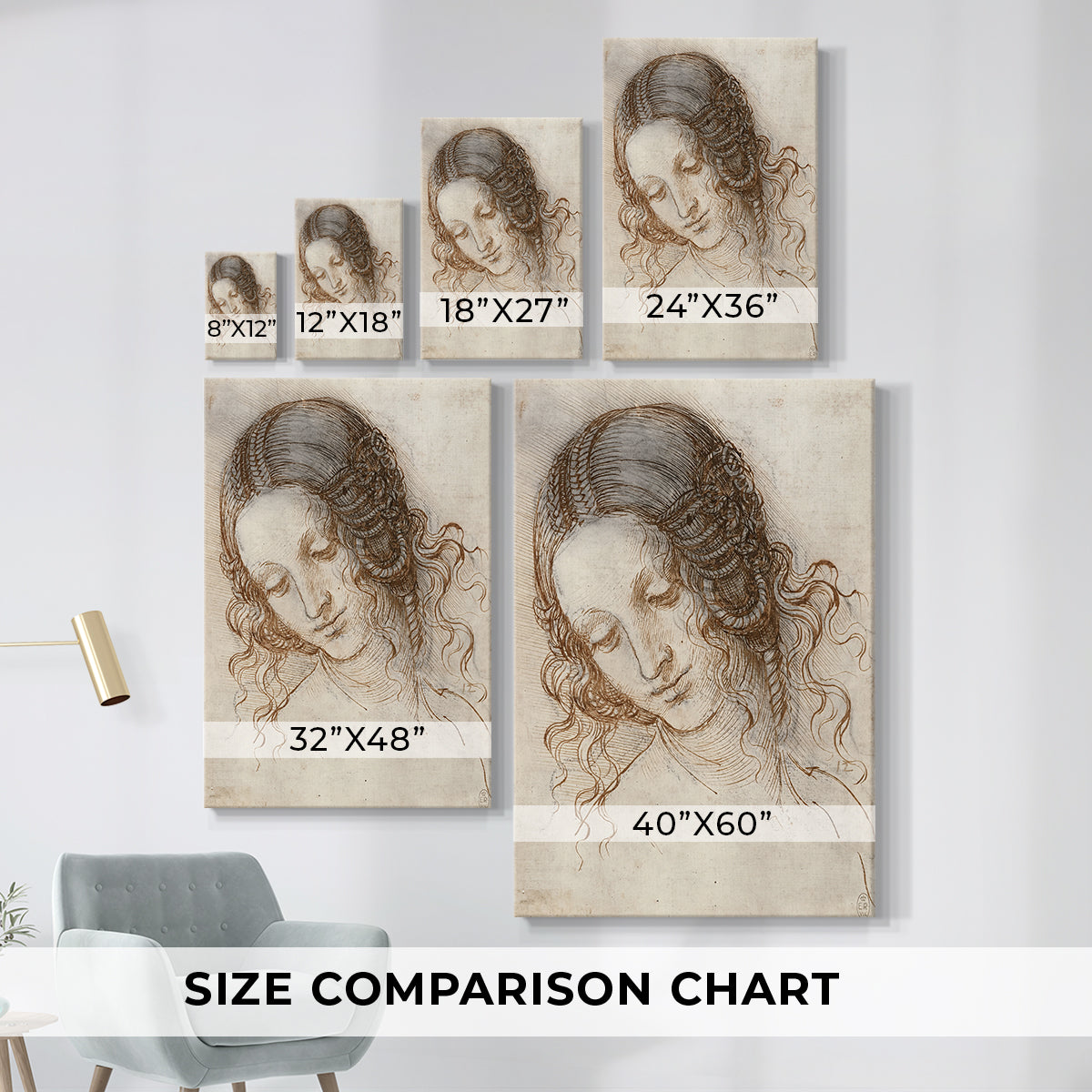 Size comparison chart for canvas art prints, showing multiple size options.