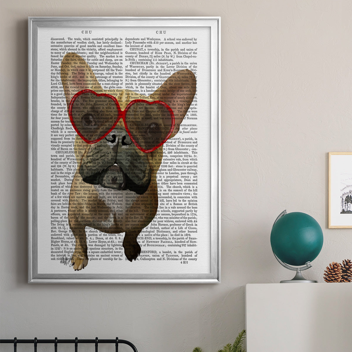 French Bulldog and Heart Glasses - Modern Framed Canvas Print