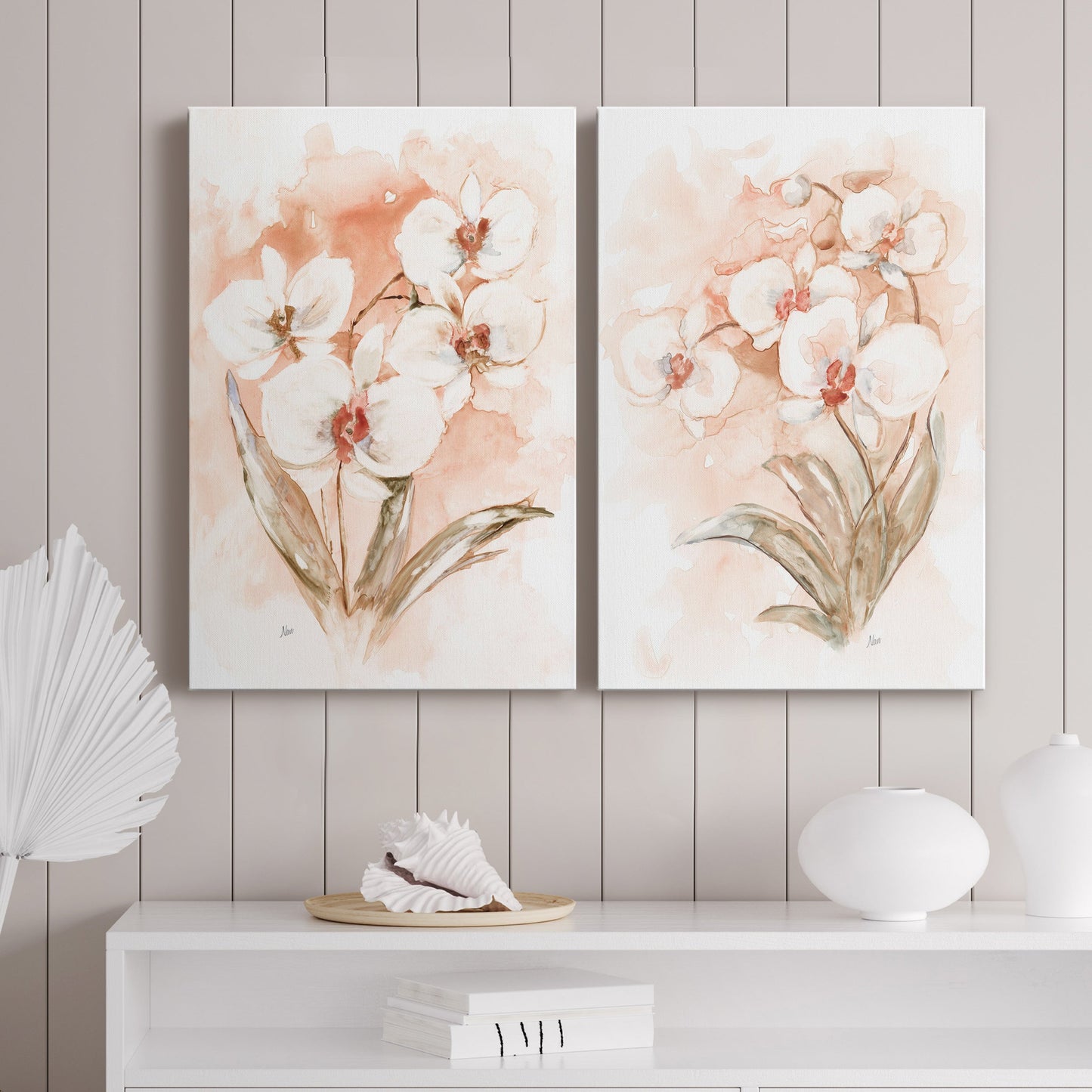 White and Coral Orchid I Premium Gallery Wrapped Canvas - Ready to Hang - Set of 2 - 8 x 12 Each