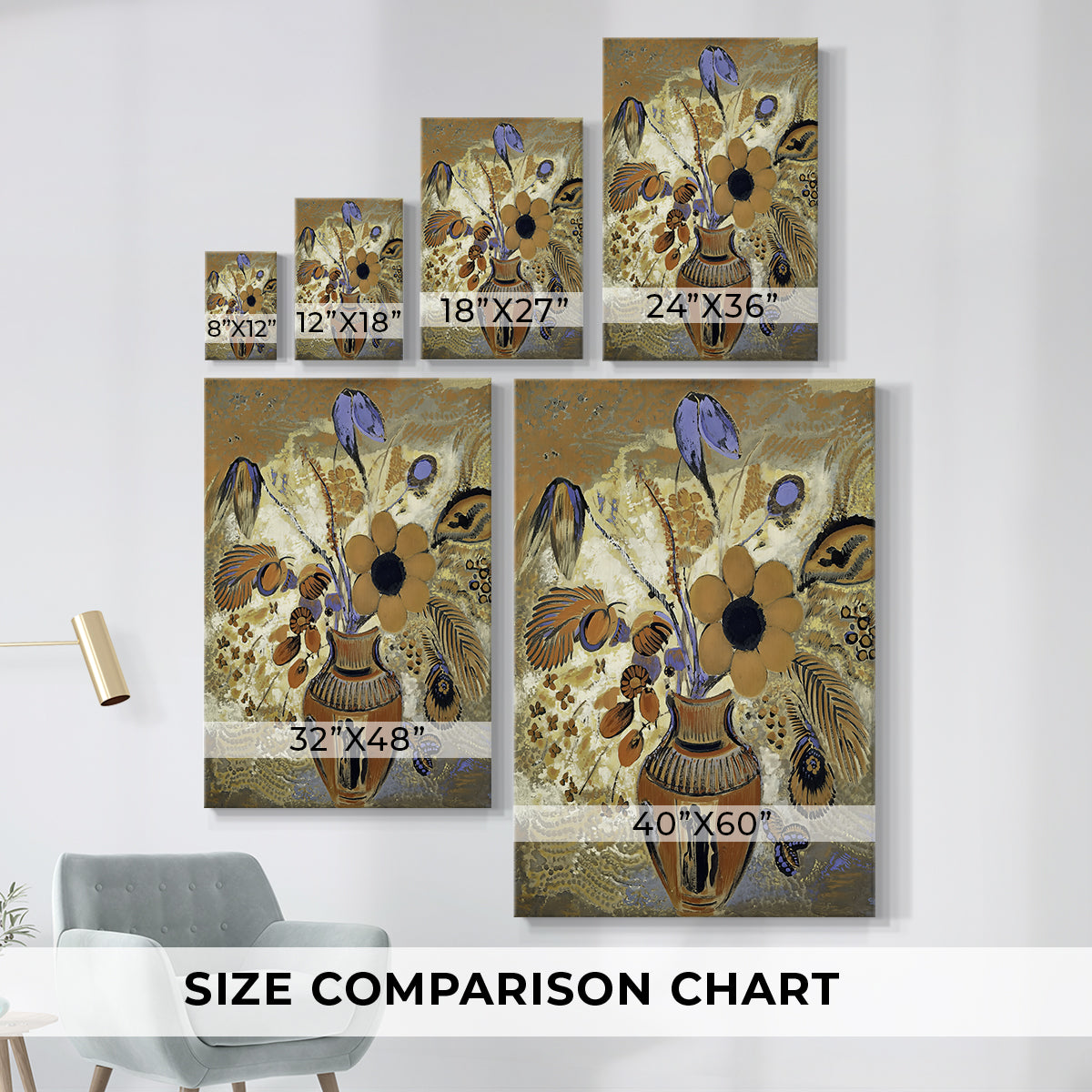 Size comparison chart for canvas art prints, showing multiple size options.
