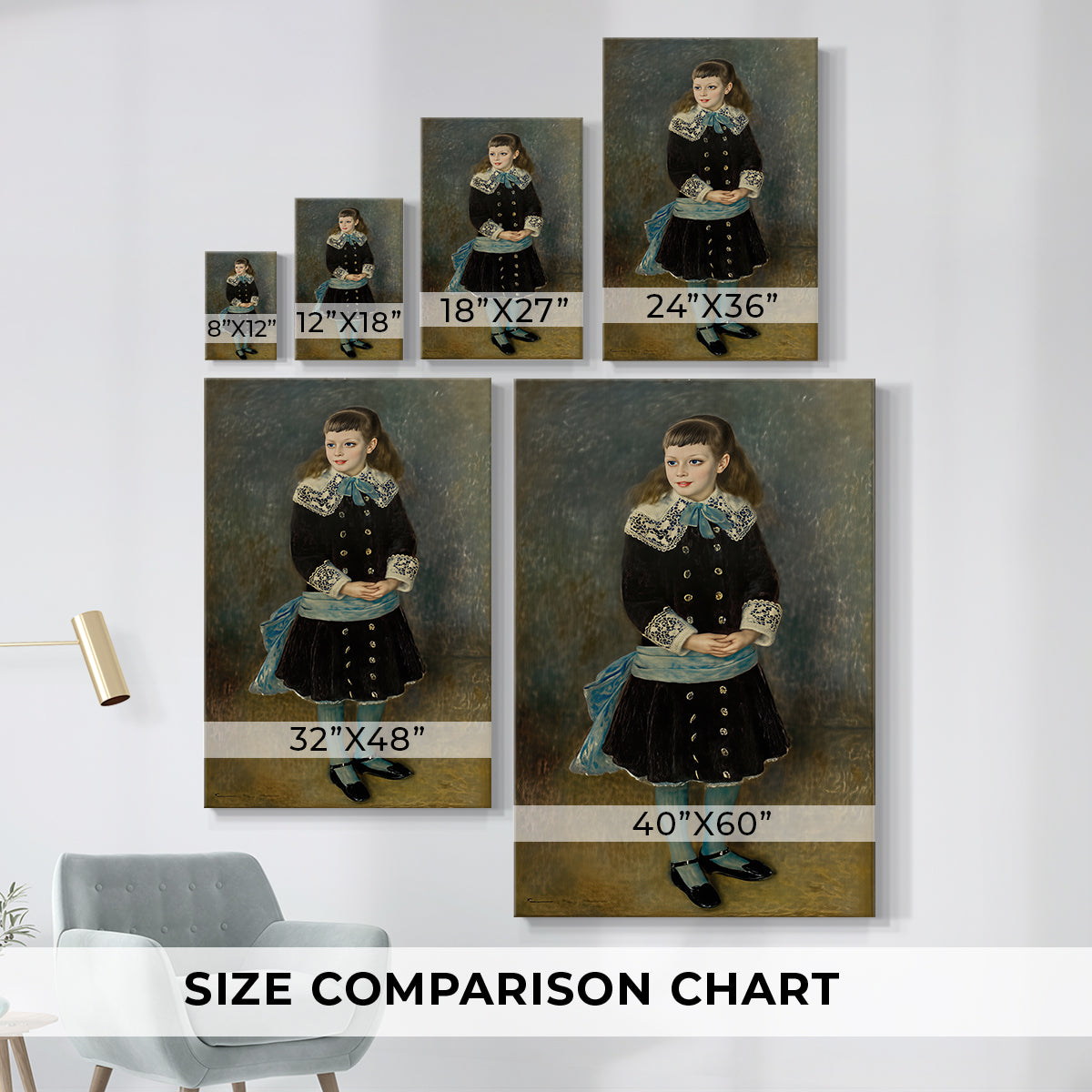 Size comparison chart for canvas art prints, showing multiple size options.