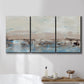 Three-panel canvas wall art featuring abstract bridge landscape in cyan, displayed in a bathroom above a bathtub.